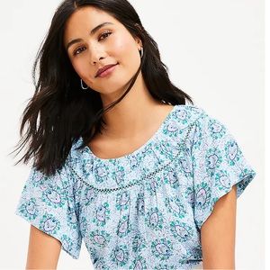 LOFT | Bloom Cutout Yoke Flutter Sleeve Mixed Media Top size S